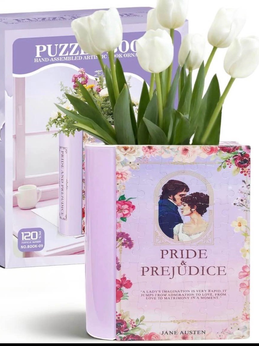 Pride & Prejudice Floral Book Vase — Pink and White puzzle book